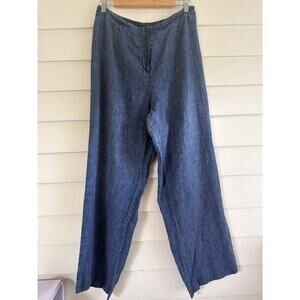 Vintage 100% Linen 90s Jones New York Pants High Rise Wide Leg Blue Chambray M L